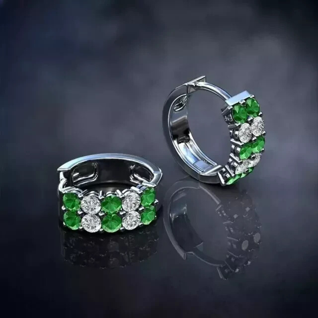 2Ct Round Cut Simulated Emerald Trendy Womens Hoop Earrings 14KWhite Gold Plated