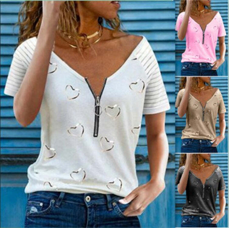European And American Cross-Border Women'S Printed V-Neck Zipper Casual Loose-image