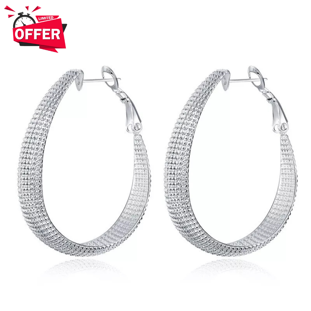 Women Hoop Earrings 925 Sterling Silver Big Egg Shape Oval Shiny Event Jewellery