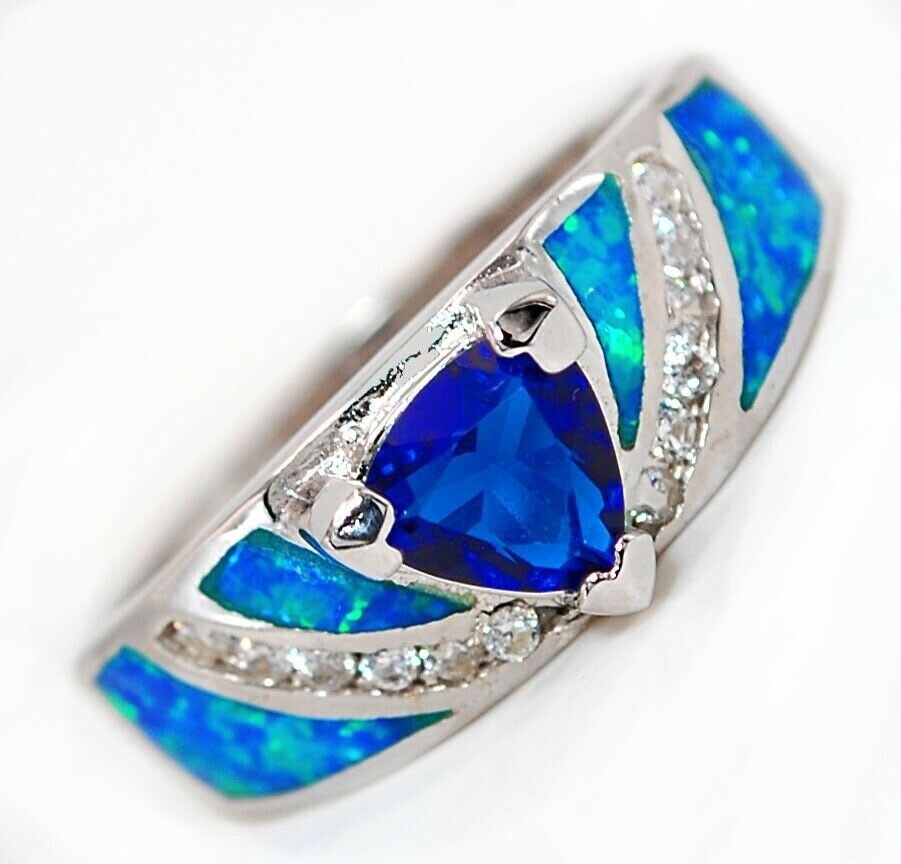2CT Treated Sapphire & Australian Opal Inlay 925 Sterling Silver Ring Sz 6 BA2