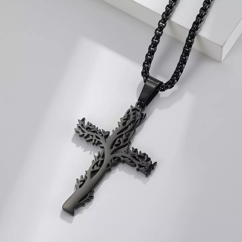 Tree of Life Cross Pendant Stainless Steel Black Necklace, Great Gift Too!