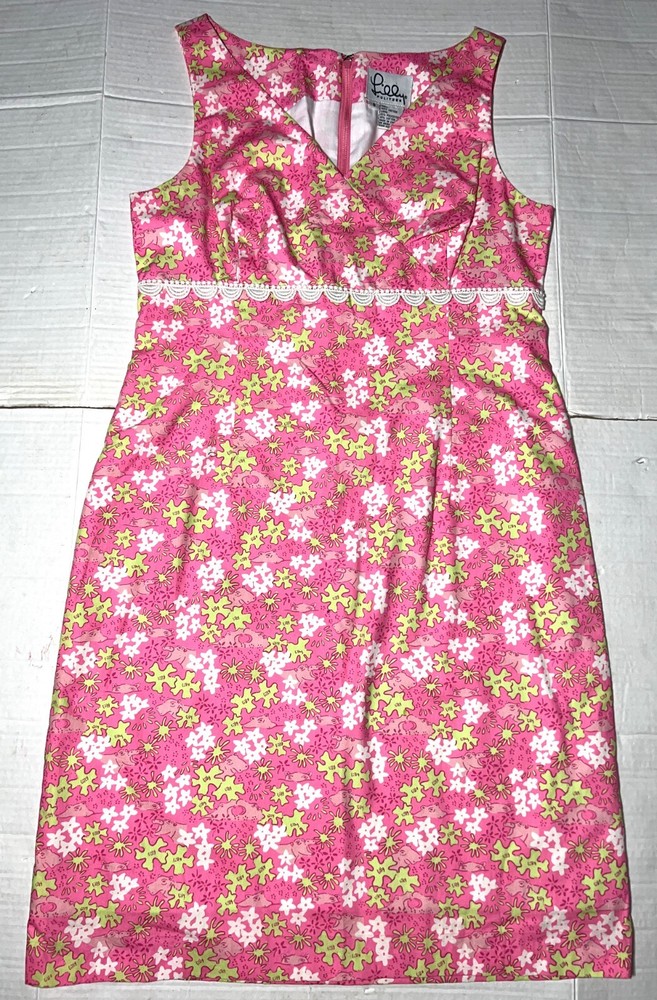 VTG Lilly Pulitzer Happy Hippos Pink Lace V-Neck Sleeveless Shift Summer Dress 8