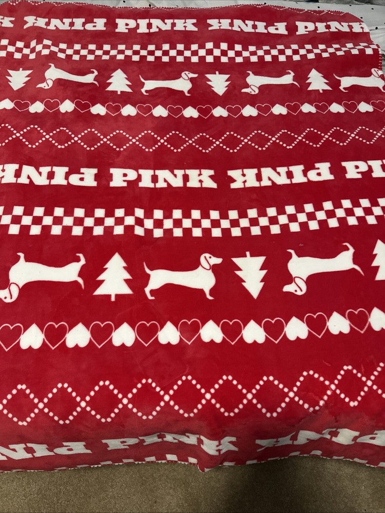 PINK Victorias Secret Red Velour Sherpa Blanket Hearts Dog Holiday 50x60 2023