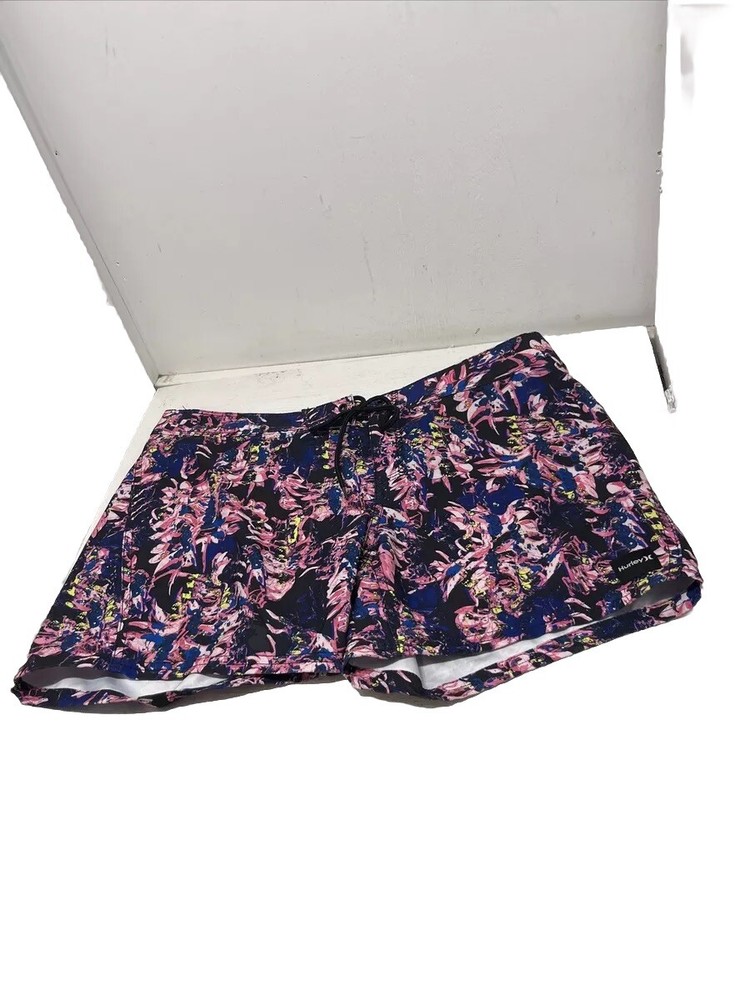 Hurley Board Shorts Womens Sz 5 Black Floral Swim Trunks Drawstring Surfing