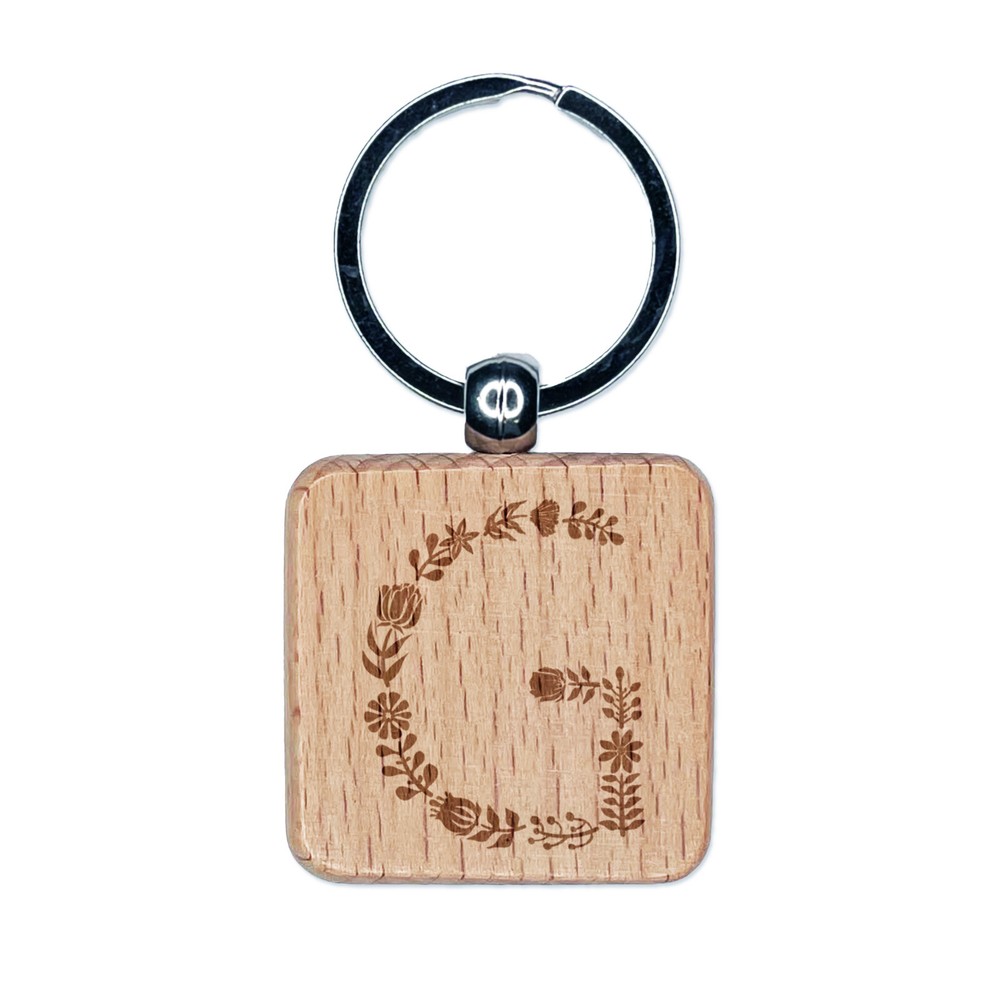 Elegant Botanical Floral Letter G Engraved Wood Square Keychain Tag Charm