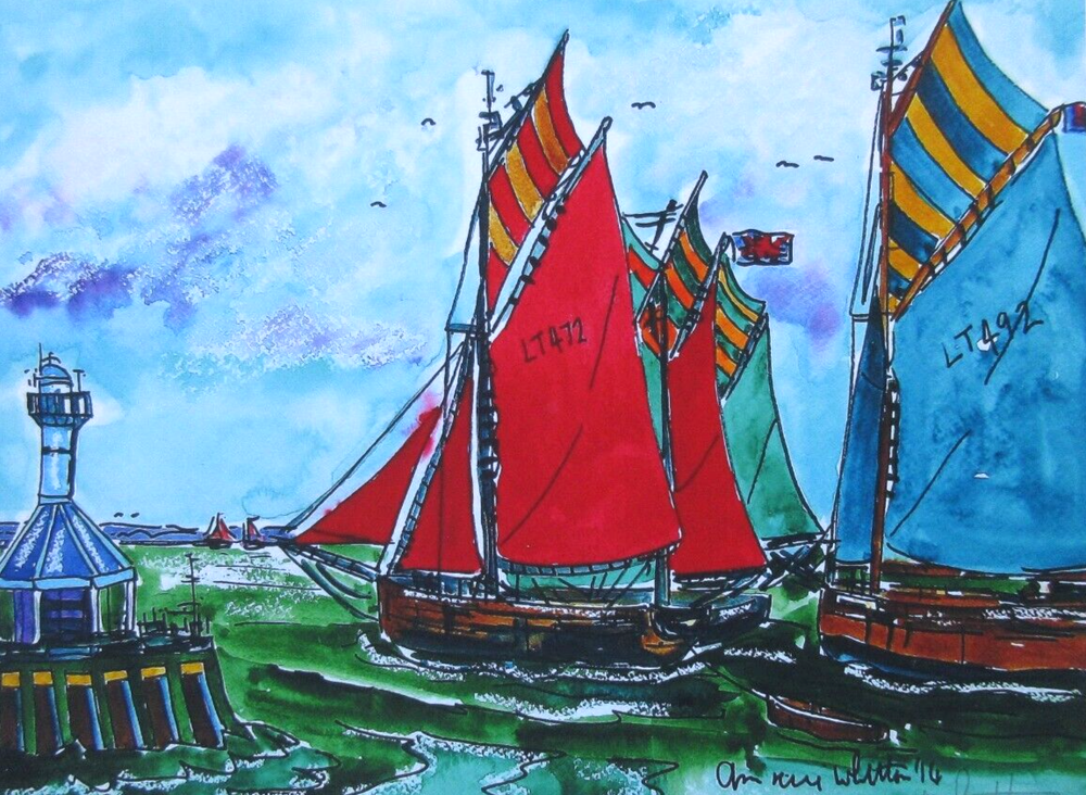 Vintage Red Sail Fishing Boat A4 Digital Print by Ann Marie Whitton-image