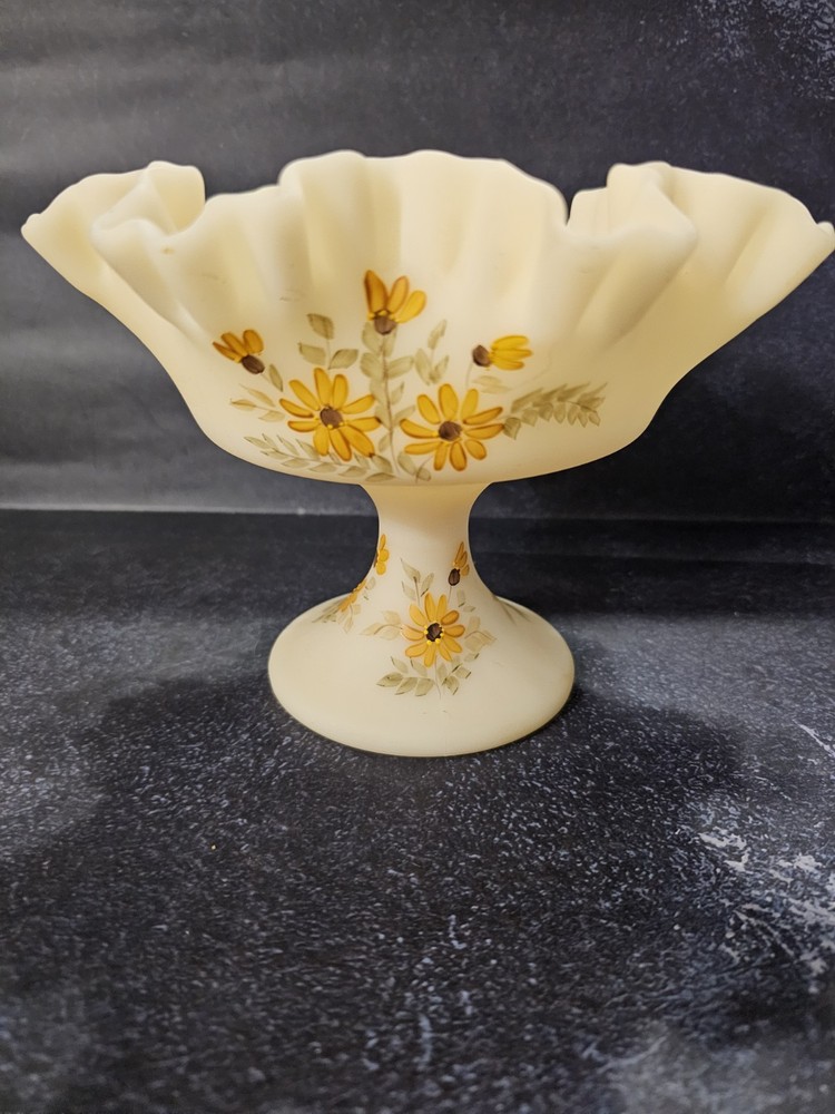 Vintage Fenton Satin Glass Compote with Ruffled Edge and Hand-Painted Yellow Daisies
