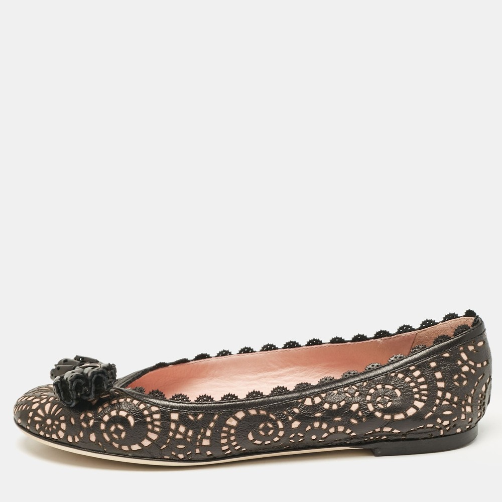 Dior Black/Pink Laser Cut Leather Bow Ballet Flats Size 36