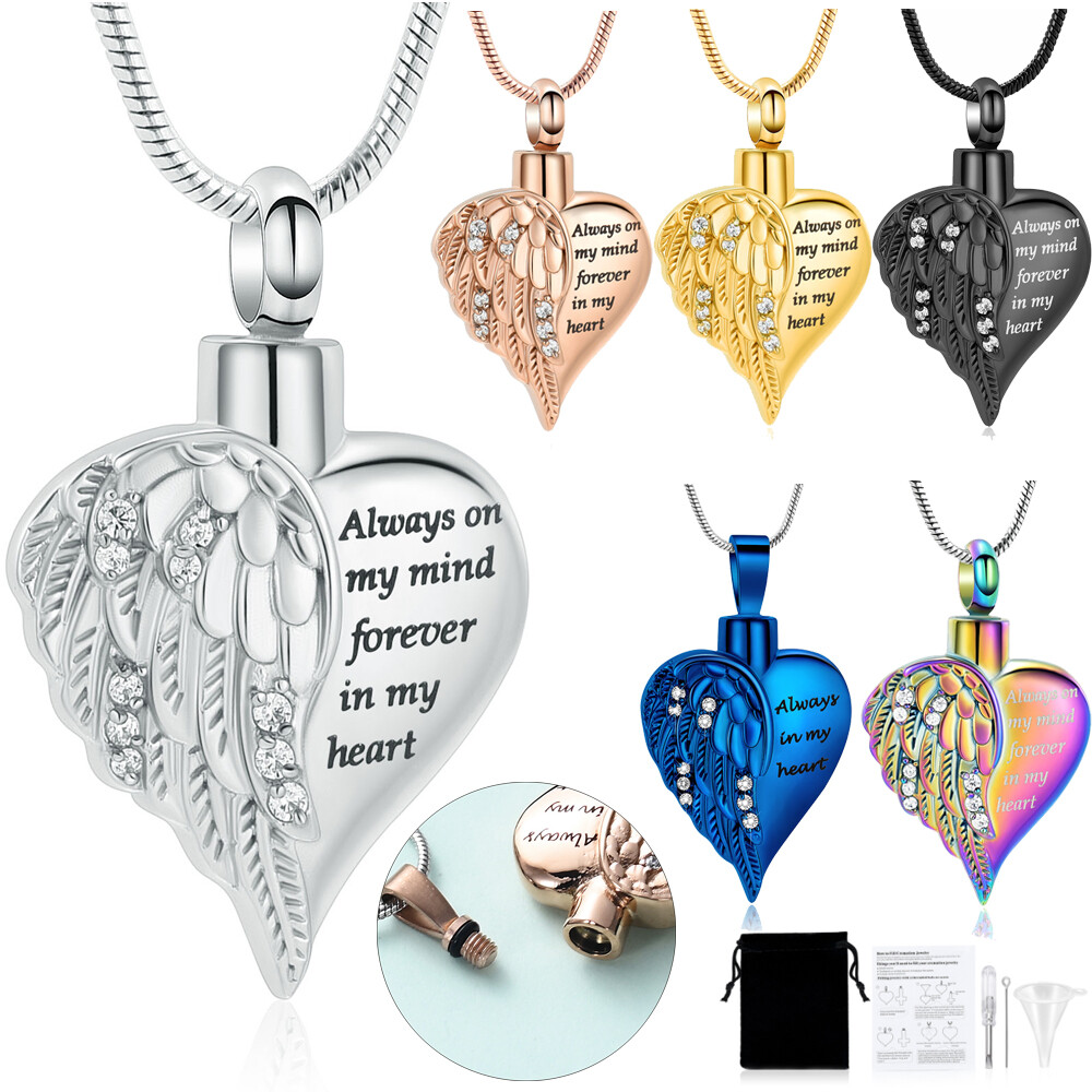 Angel Wings Cremation Jewelry with Crystal Heart Urn Necklace for Ashes