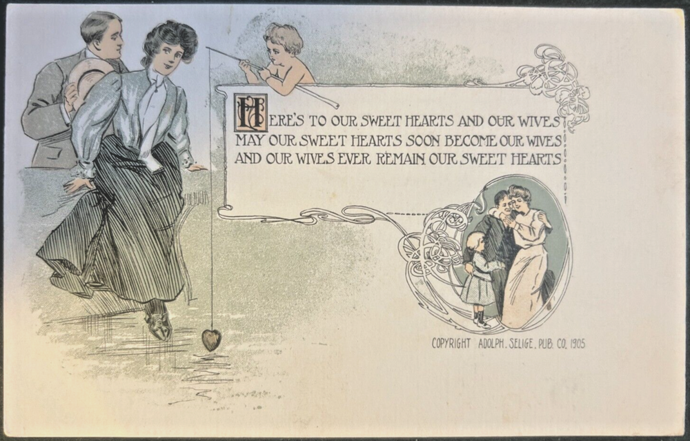 Antique Valentine: 1 of 7, Lovers transformed into family by cupid, art nouveau