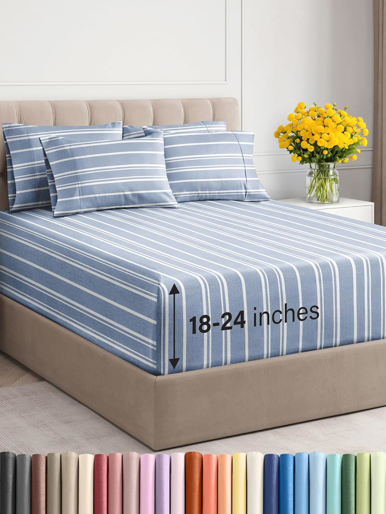 Extra Deep Cal King Cooling 6-Piece Sheet Set in Blue Stripes