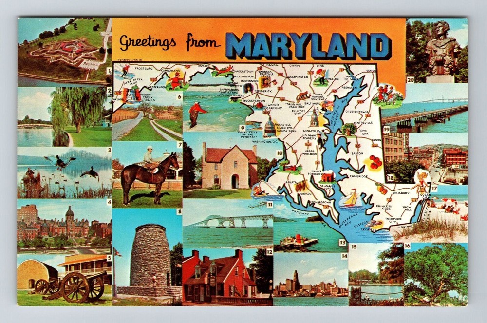 MD-Maryland, Scenic Map Greetings, Landmarks, Vintage Postcard