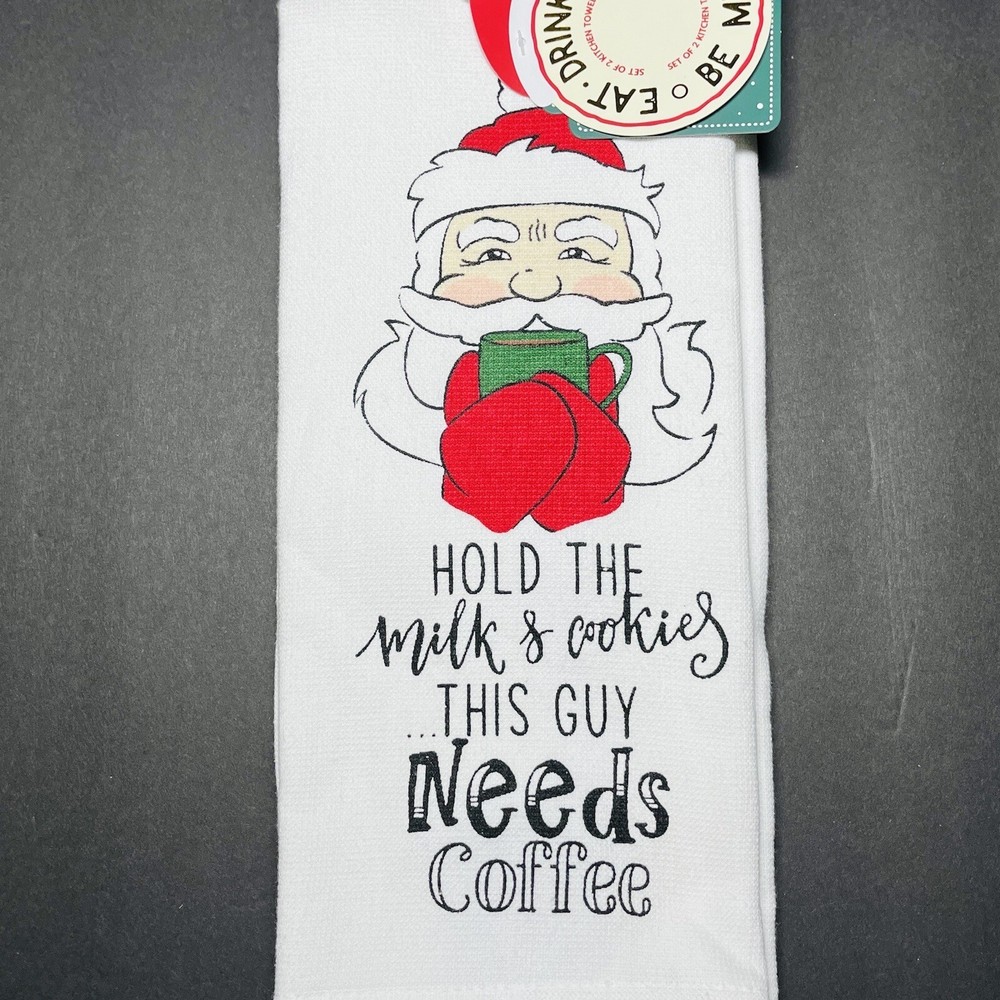 Christmas 2 Pack Hand Kitchen Towels Decor Hold The Cookies Santa Needs Coffee