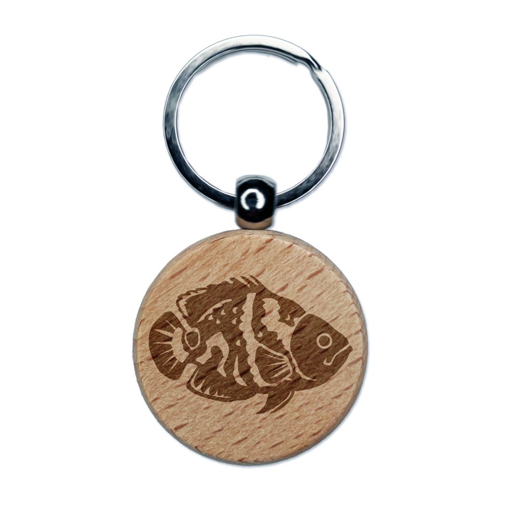 Tiger Oscar Cichlid Fish Engraved Wood Round Keychain Tag Charm