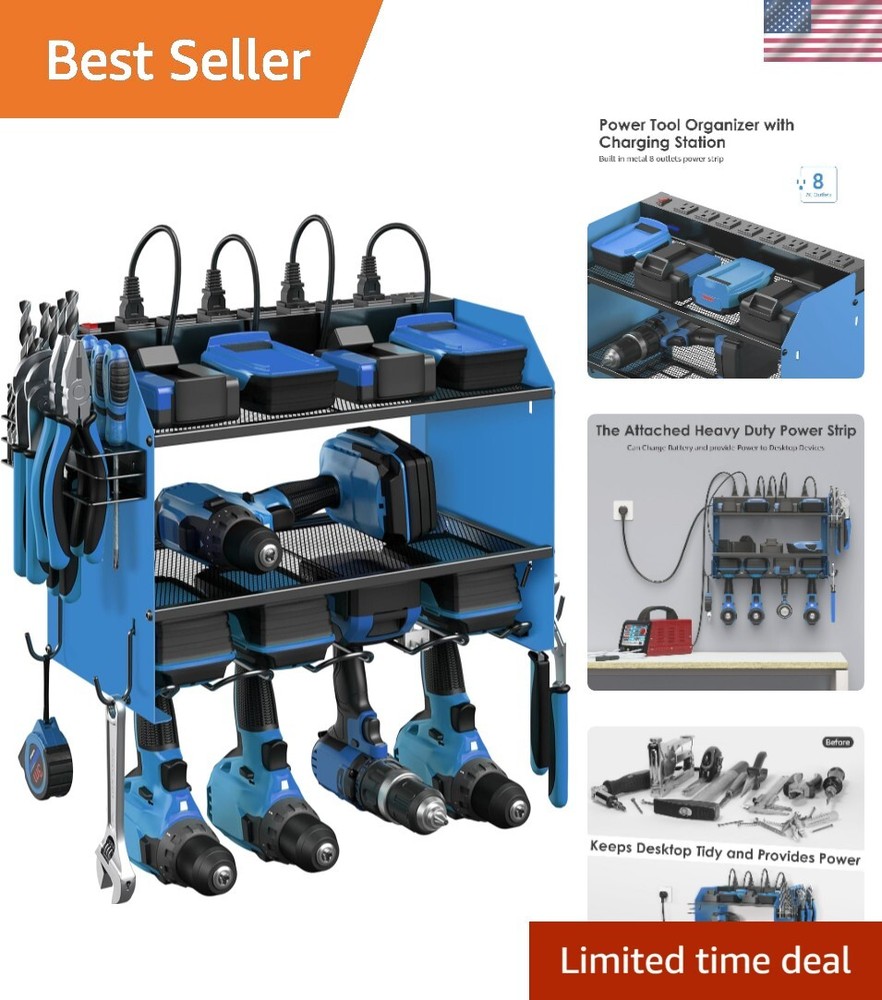 Modular Wall-Mounted Power Tool Organizer with Charging Station for Drills and Garage Storage