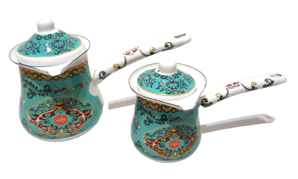2 Piece Turkish Coffee Pot with Lids Blue Enamel Floral