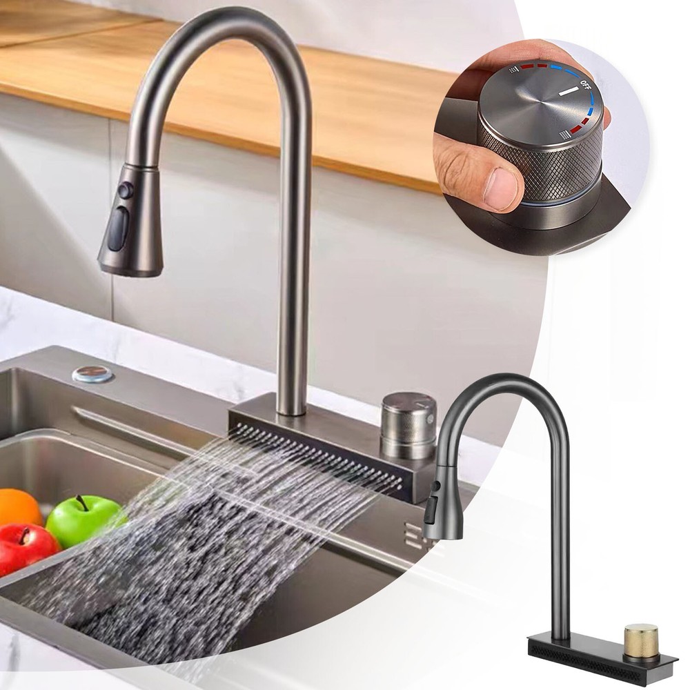 4 Modes Faucet with Pull Down Sprayer Kitchen Sink Silver Faucets 360° Rotation