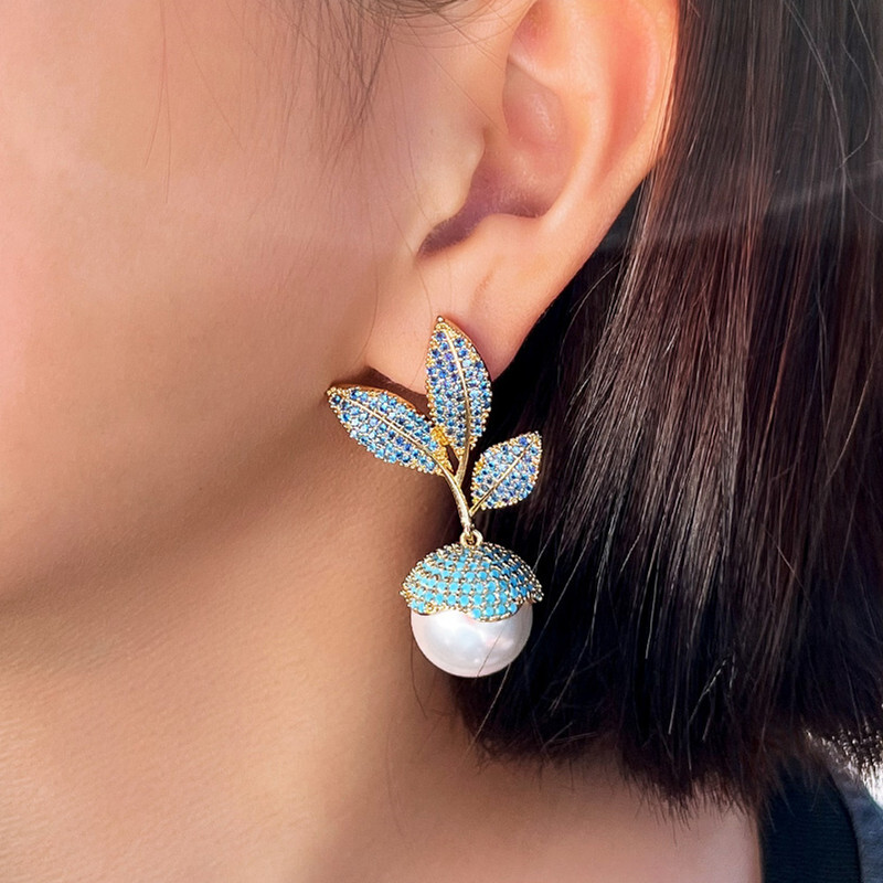 Gold Plated Little Tree Leaf Blue Zircon Turquoise Long Drop Pearl Earrings Gift