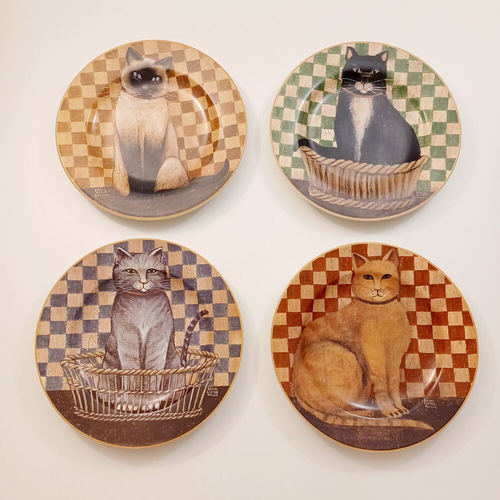 David Carter Brown Country Kitties Salad Plates Dessert Plates Cats Set of 4