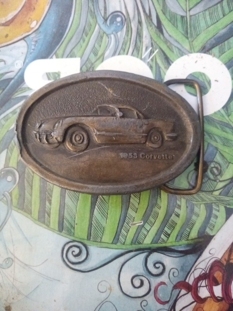 Vintage 1957 Chevy Corvette Oval Brass Belt Buckle Indiana Metal Craft Race CA19