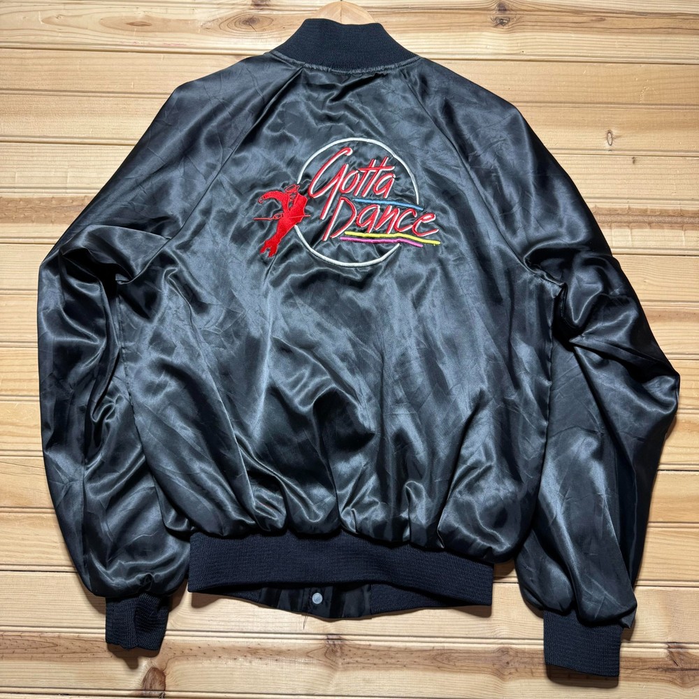 Vintage 80s Gotta Swing Dance Embroidered Satin Bomber Jacket USA Made Medium
