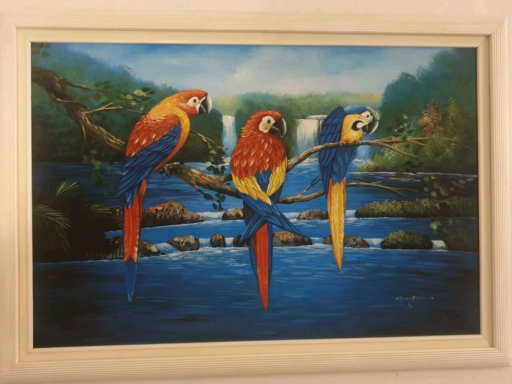 😍 Oil On Canvas Large Harrington 3 Parrots Lifelike Realism Painting Original