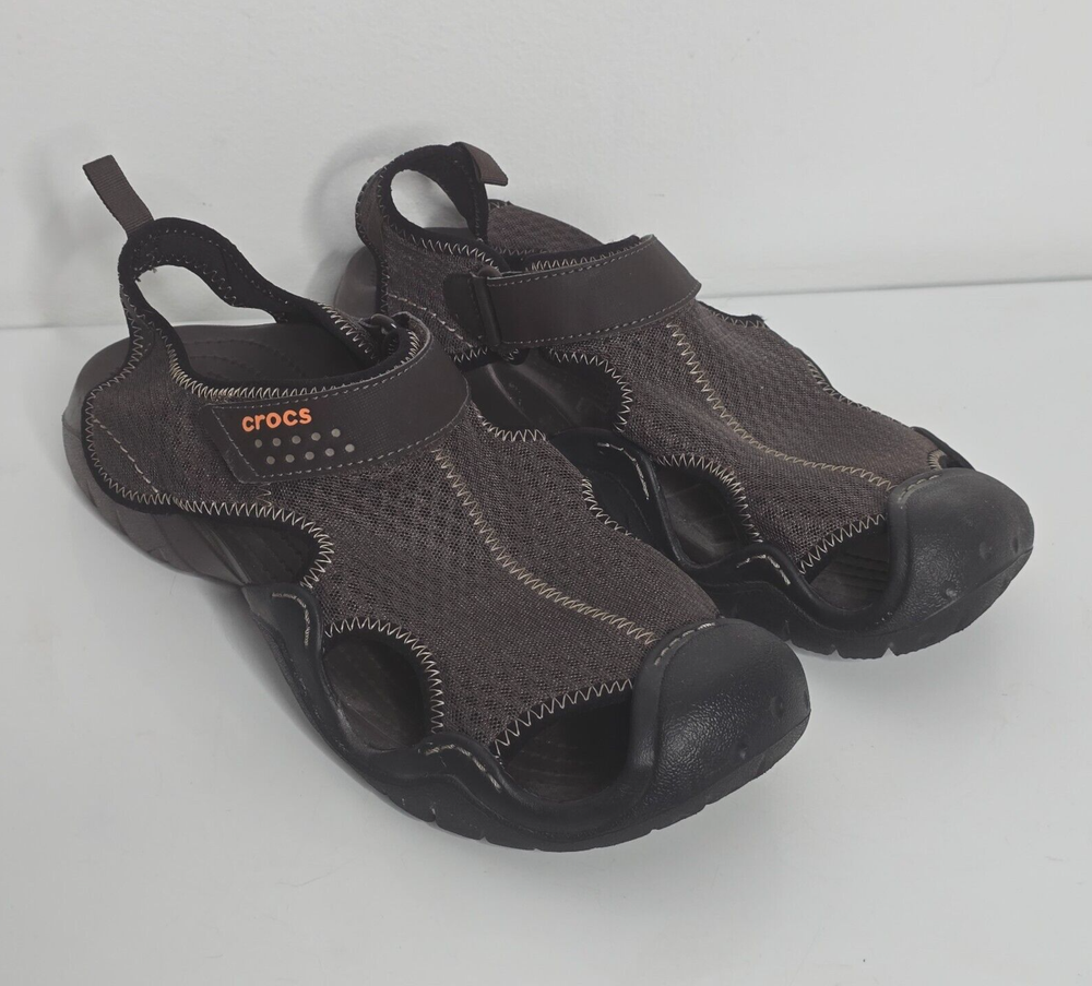 Crocs Swiftwater Sandals Sz 10 Deck Water Shoes Brown Mesh Fisherman 15041 Mens