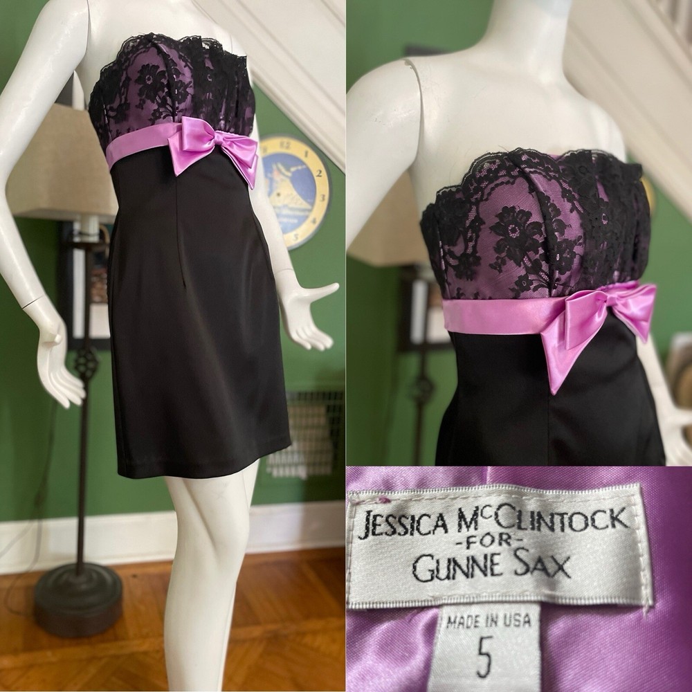 Vtg 80s 90s Black Strapless Satin Dress Pink Bow Lk  Lip Service Gunne Sax S