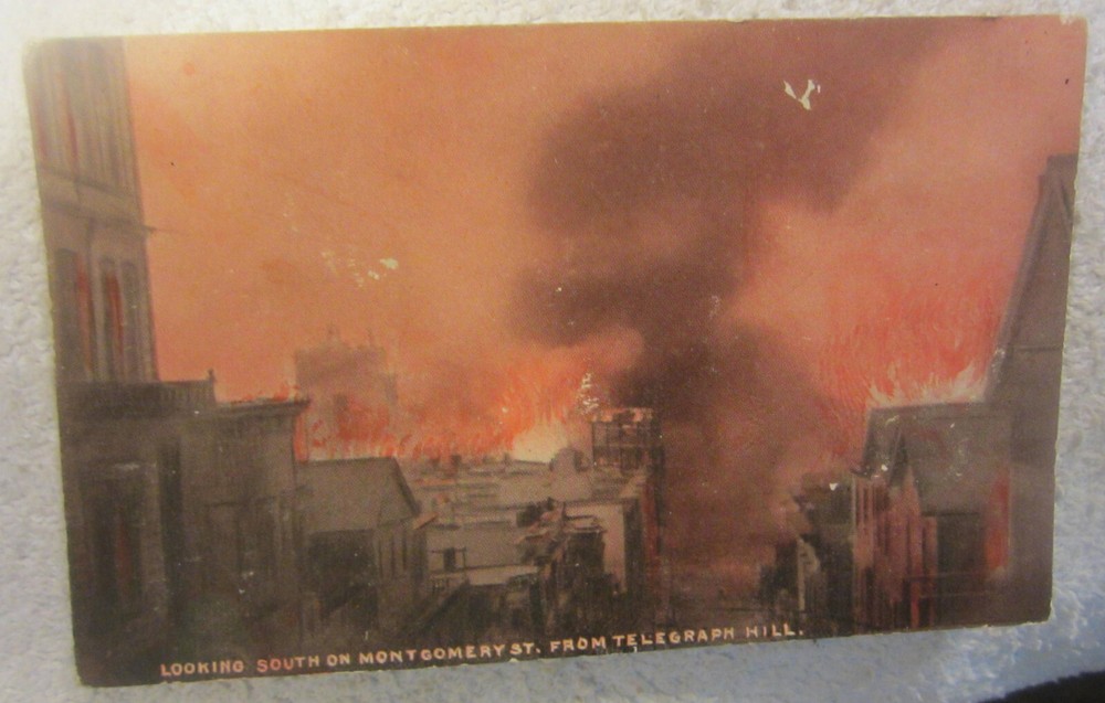1  city fire San Francisco CA Looking South on Montgomery St. Vtg postcard