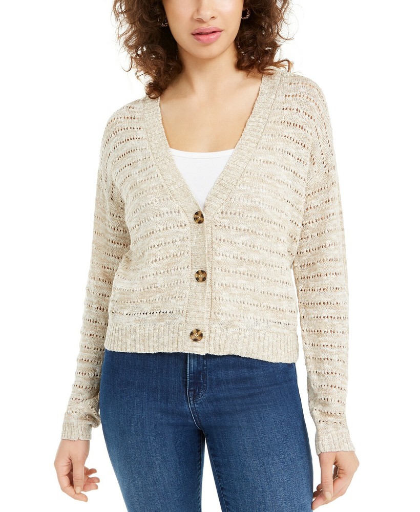 Hooked Up by IOT Juniors' Button-Front Cardigan Sweater, Straw Hat Beige-image