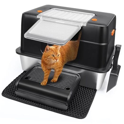 Stainless Steel Litter Box, XL Side Entry Extra Large Litter Box with Black