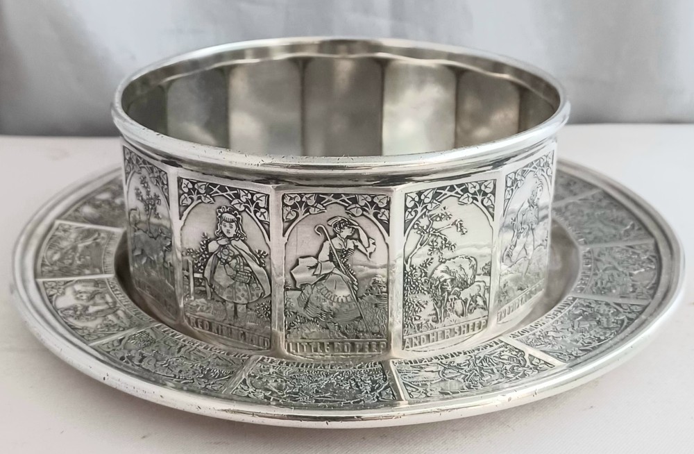 Vintage William Kerr Sterling 5240 2pc Nursery Rhyme Paneled Baby Bowl & Plate