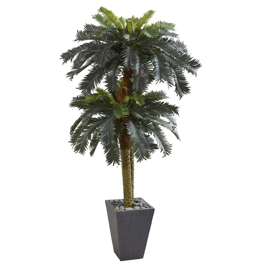 6ft Double Sago Palm Fake Tree in Slate Gray Planter