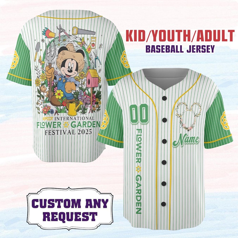 Mickey Mouse Epcot 2025 Flower Garden Baseball Jersey for Kids Adults Disney Gift
