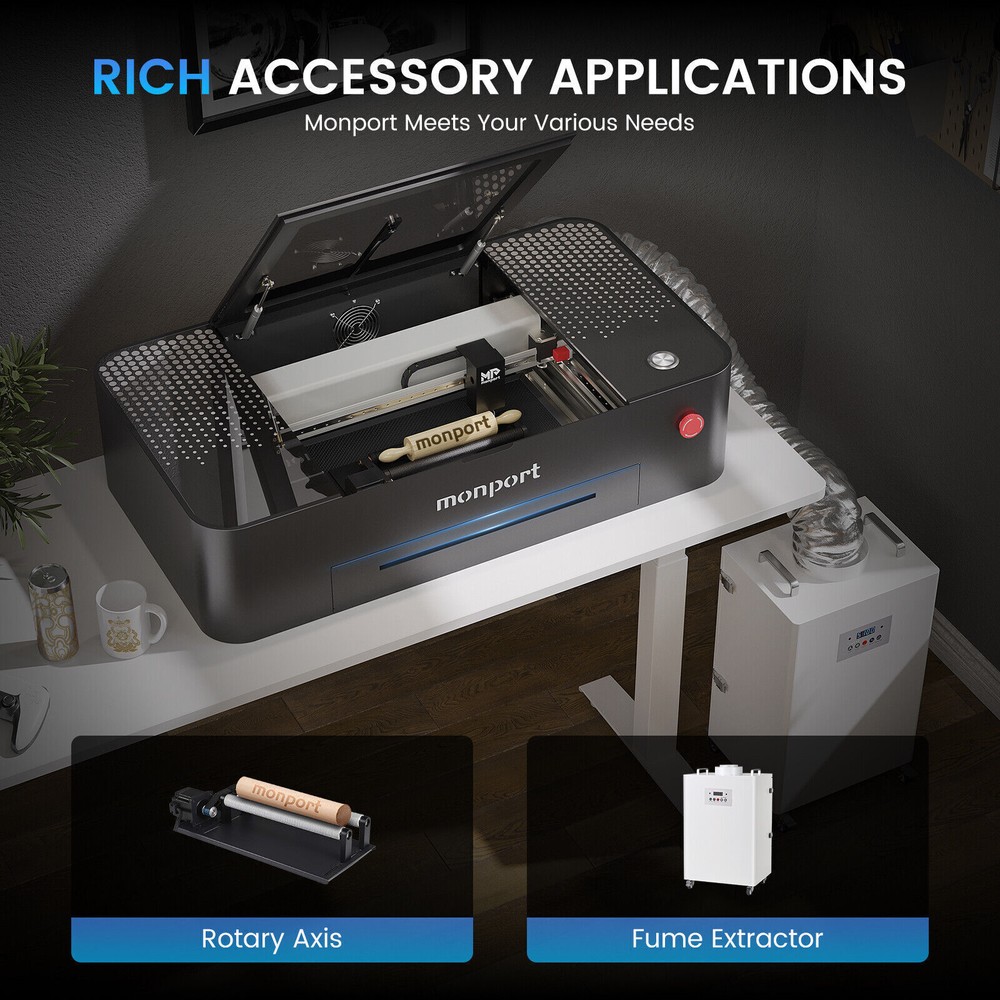 MONPORT ONYX 12×20 55W Desktop CO2 Laser Cutter Engraver Machine w/ Rotary Axis