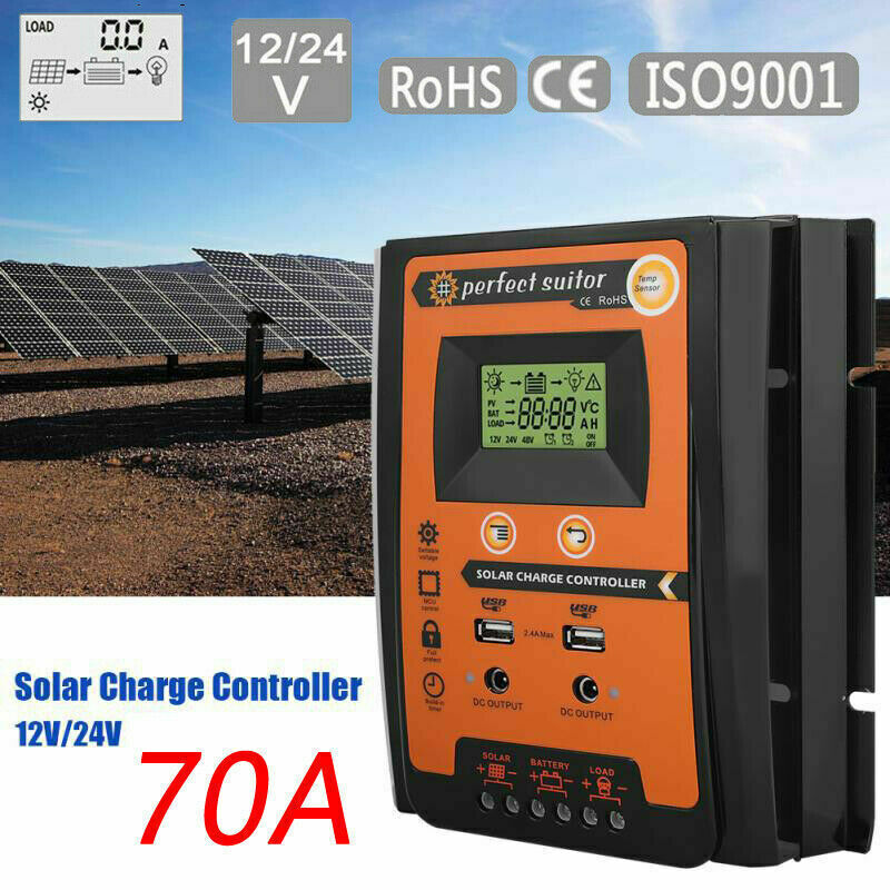 Dual USB Solar Charger Controller 12/24V 70A Regulator Panel Battery