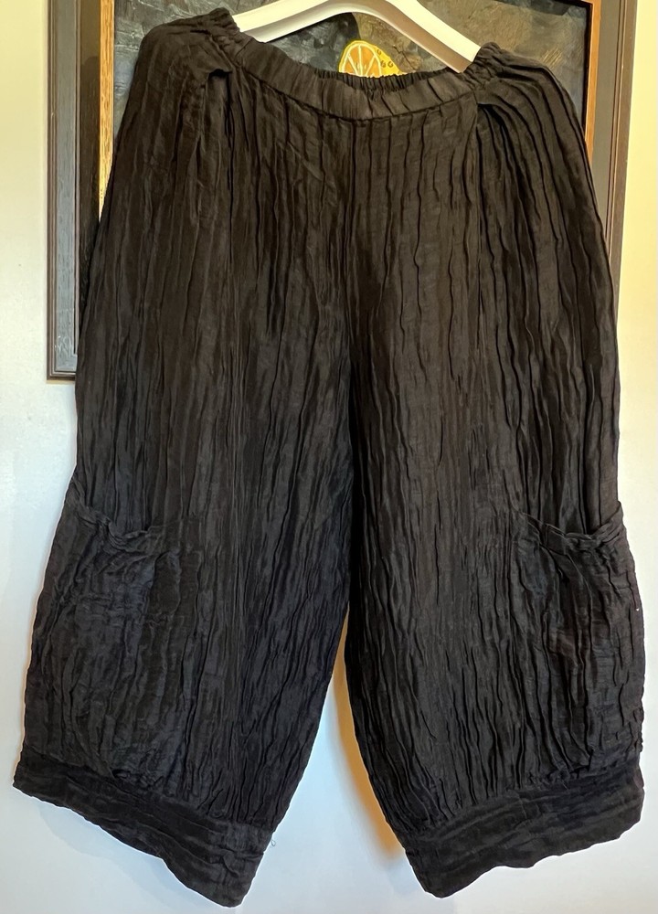 GRIZAS Women Linen Silk Pants Oversized elastic waist Sz M