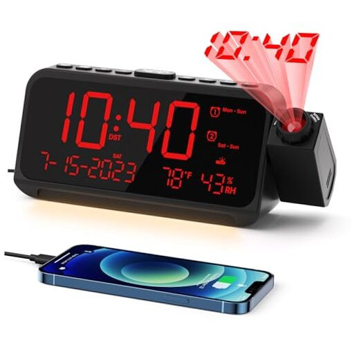 Projection Clock for Bedroom, Digital Clock with 180° Projector on Ceiling Red