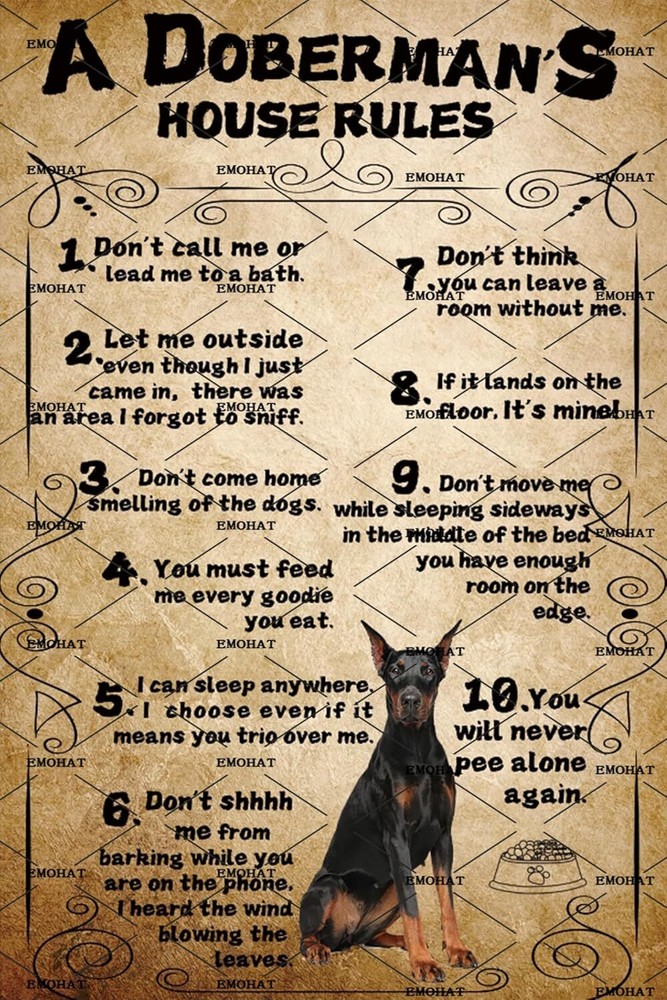 Funny Doberman House Rules Metal Tin Sign for Home or Office Decor