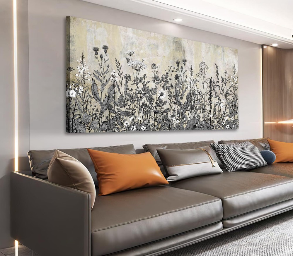 Botanical Canvas Wall Art - Wildflower Pictures Vintage Grey Brown Floral Wal...