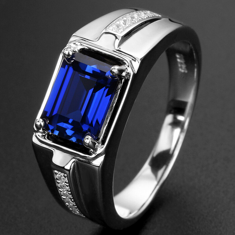 Blue Crystal Cz Mens Silver Ring Wedding Fashion Rings Jewelry Man Accessories