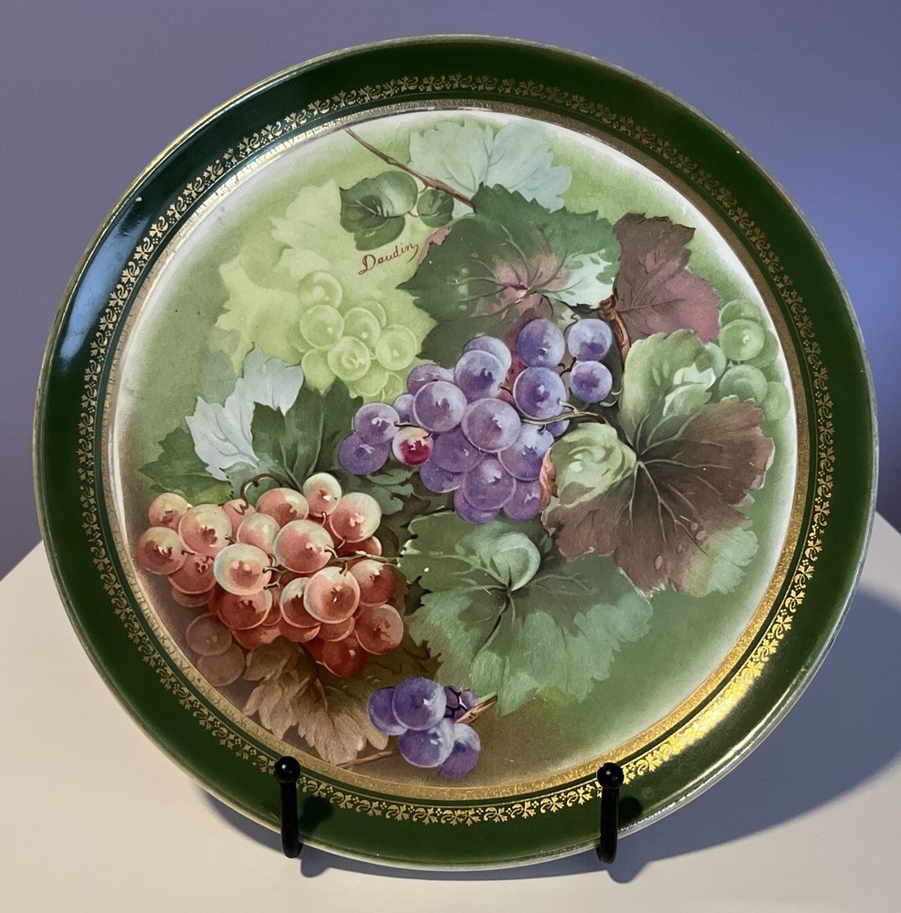 Dresden China Large Green w/ Gold Fruit Serving Plate Grapes Signed Daudin 10.5”