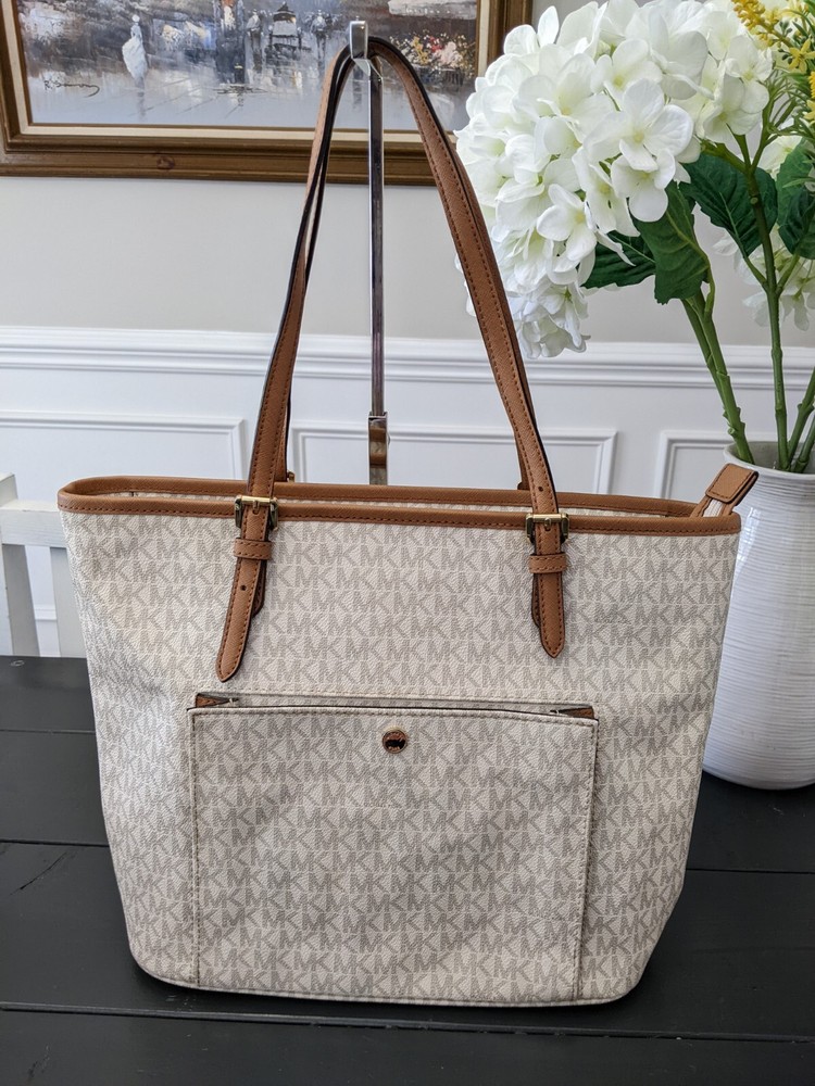 Michael Kors Jet Set Large Signature Tote Beige Tan Brown Cream