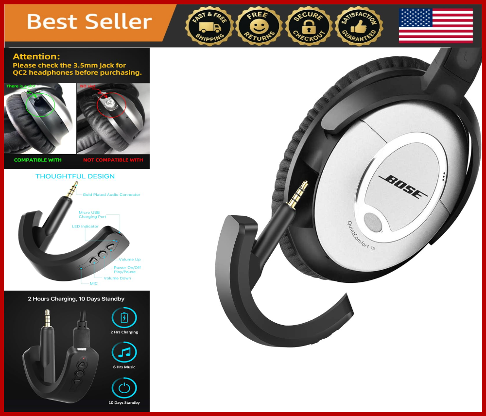 Wireless Bluetooth Adapter for Bose QC15 with Mic Volume Control Black