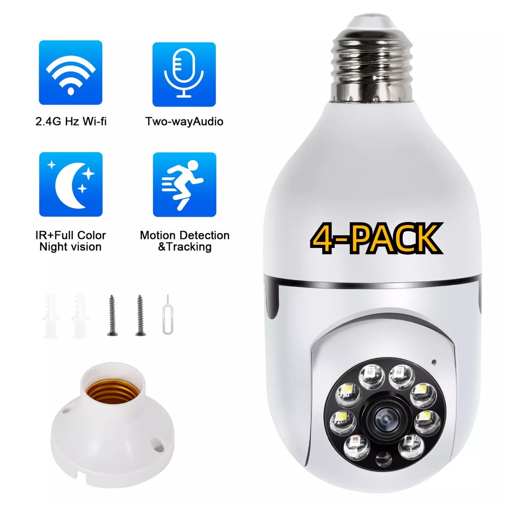 4PCS 1080P HD Light Bulb Camera 360° Wi-Fi Wireless Smart Home Security IR Night
