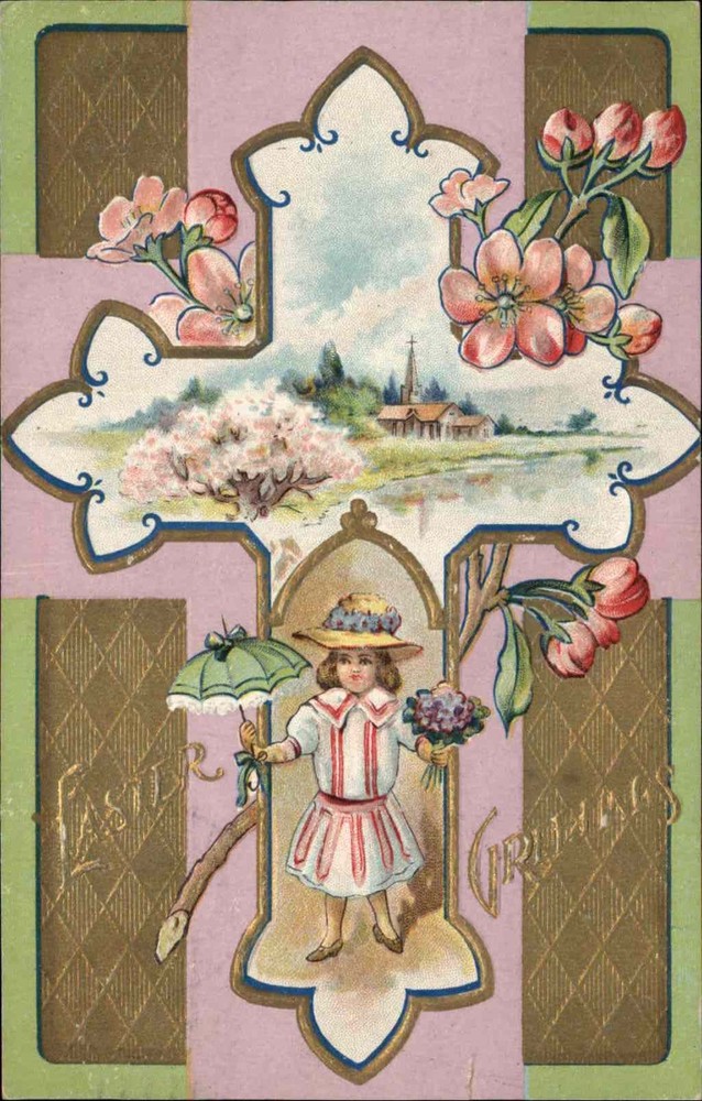 Easter Little Girl Umbrella Christian Vintage Postcard c1910 Cross Border Art-image