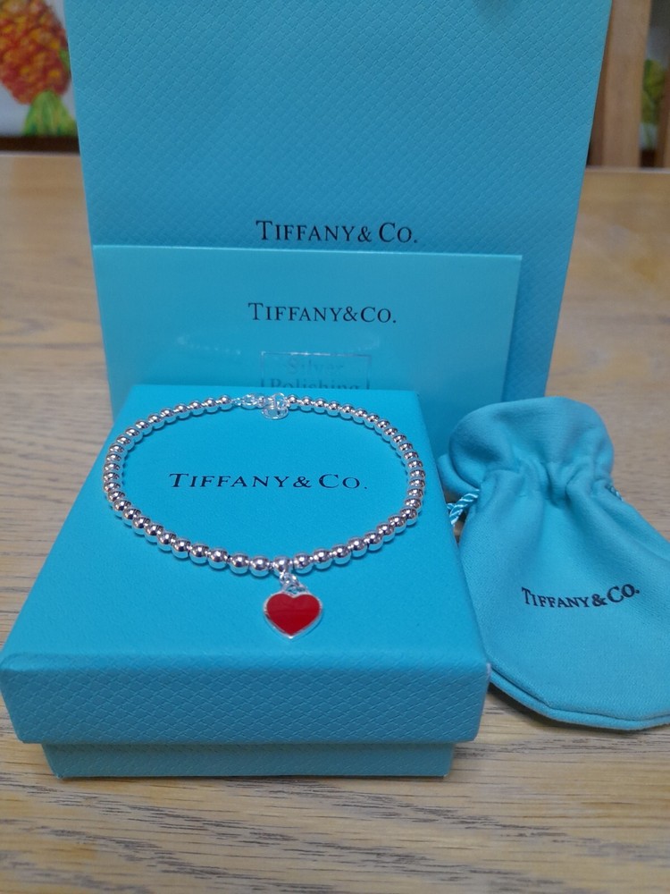 Tiffany&Co. 925 ReturnToTiffany 4mm BeadBracelet Enamel/SS Red HeartTag 8