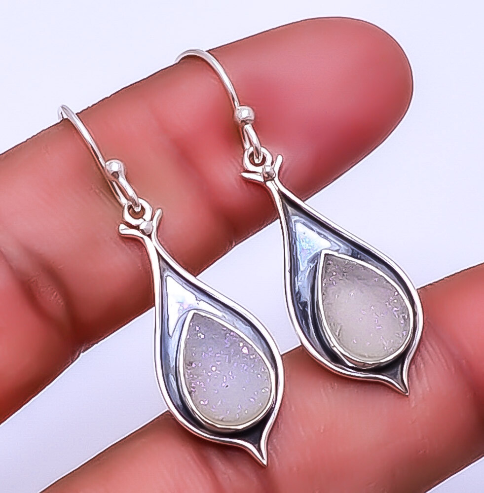 Snow White Titanium Agate Drusy Sterling Silver Bali Earrings 1.64in E93271058