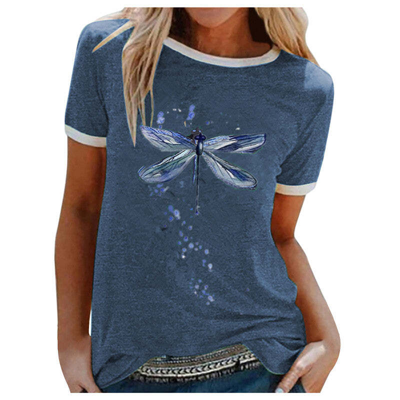 Color Block Dragonfly Print Casual T-Shirt for Women