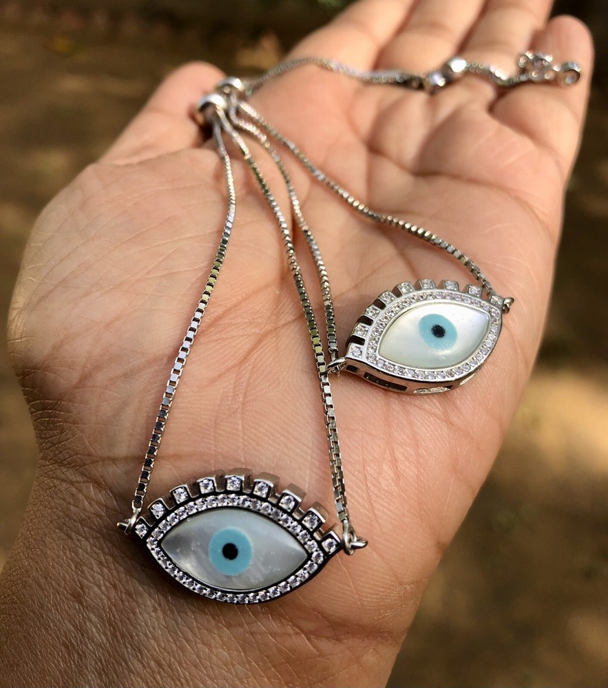 2 Pc 925 Silver Evil Eye Protection Anklet, Amulet Nazariya, Eye, Adjustable 2